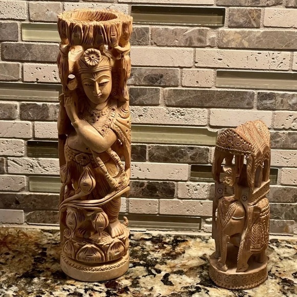 Indian Wooden Figurine Statues Set of 2